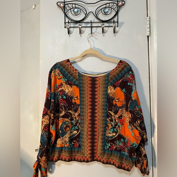 Free People Catch Me If You Can Top Blouse Purple Floral Tie Cuffs Cropped Small - Picture 7 of 15